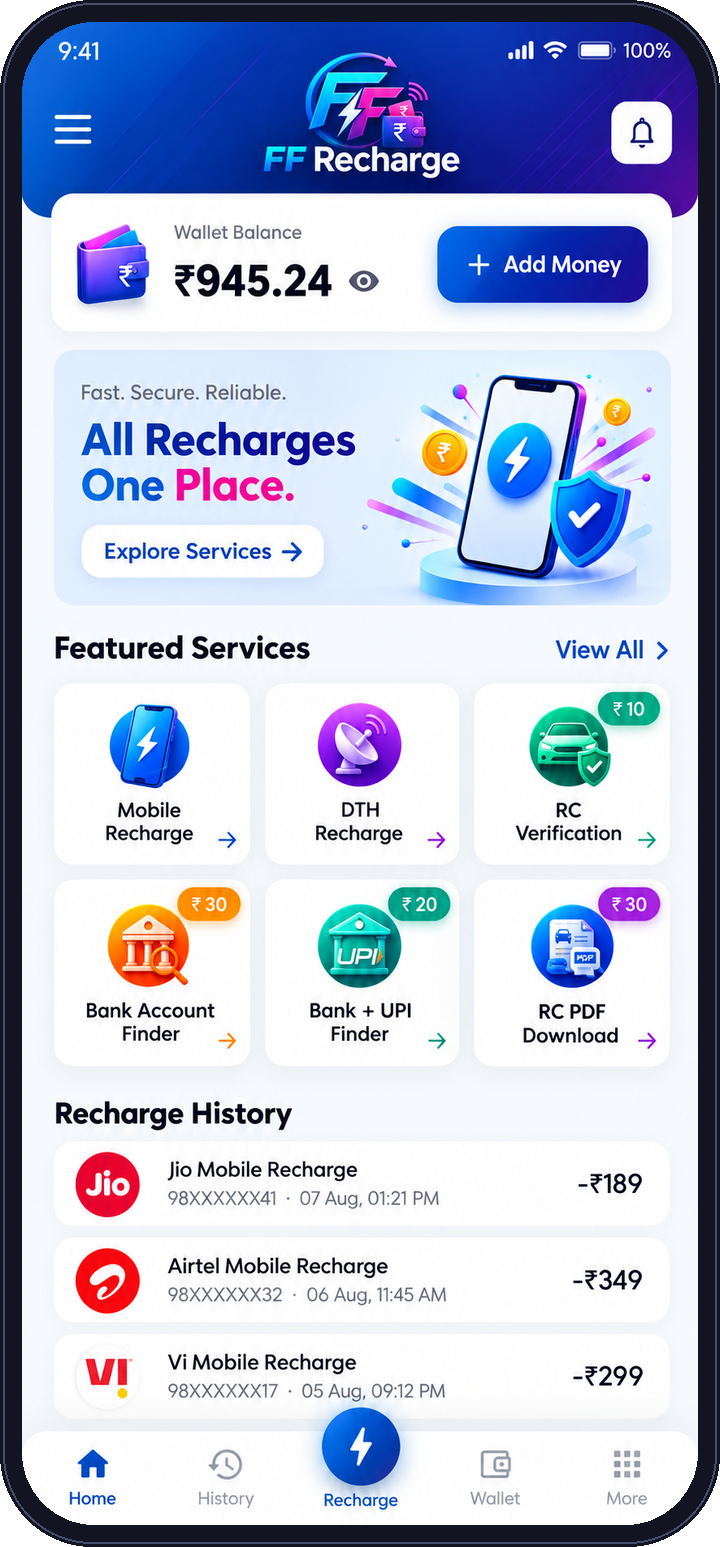 FF Recharge app home screen